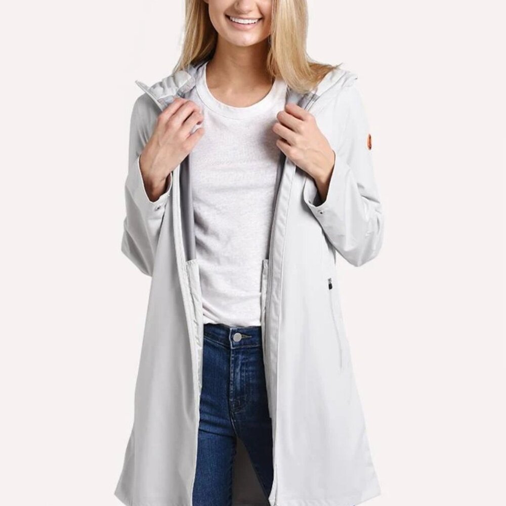 EUC Save the Duck Hooded Siver Raincoat, Sz - 4 (L/XL)